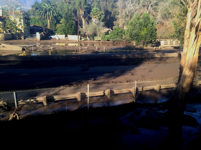 A view of the mud-swamped 101 freeway in Montecito, California on Friday, January 12, 2018.