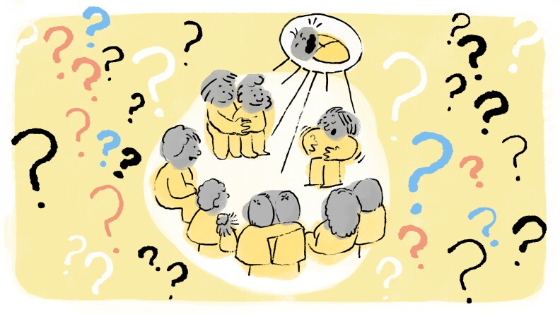 Drawing of people thinking about babies while surrounded by question marks.
