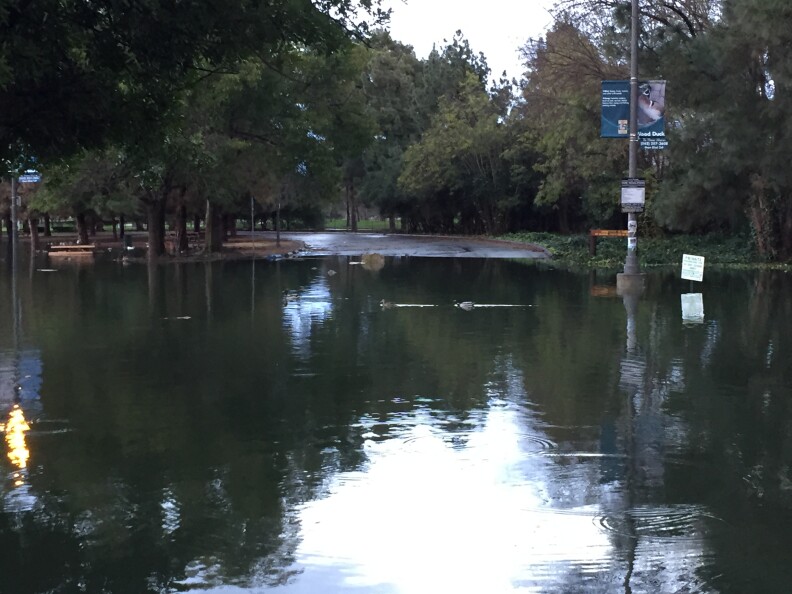 A pond at El Dorado Park in Long Beach overflowed into the parking lot on Monday, Jan. 23, 2017, during one of the strongest storms in years.