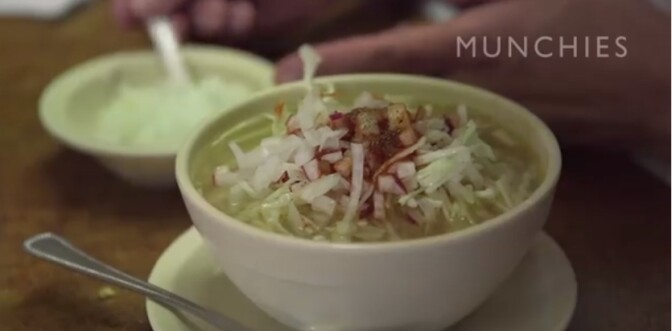 A traditional pozole dish in Mexico City, from the MUNCHIES video, "The Menu of the Day: Mexico City's Traditional Fondas," with Daniel Hernández. 