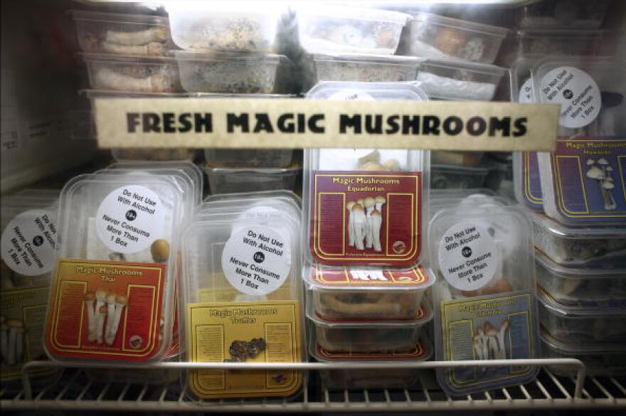 Magic mushrooms are displayed in a refrigerated case at Innerspace, a smart shop in Amsterdam, The Netherlands, on Monday, Oct. 8, 2007. Under Dutch law, fresh psilocybin mushrooms are considered food. Cultivation and sale of the fungi are therefore legal and controlled by the food authorities.