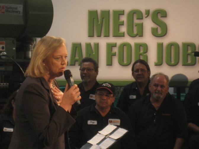 Republican gubernatorial candidate Meg Whitman campaigns at a rivet factory in the city of Industry on Thursday, Aug. 26, 2010. One poll suggests she for the first time leads Democrat Jerry Brown.