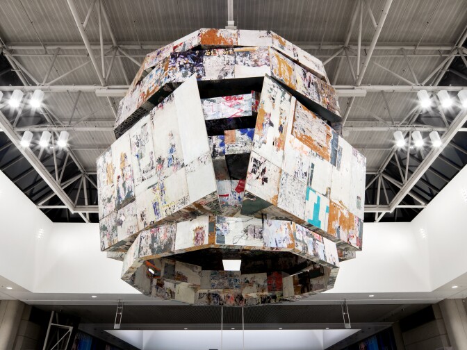 LA artist Mark Bradford's "Bell Tower" hangs directly above the TSA screening area in LAX's Tom Bradley International Terminal. 