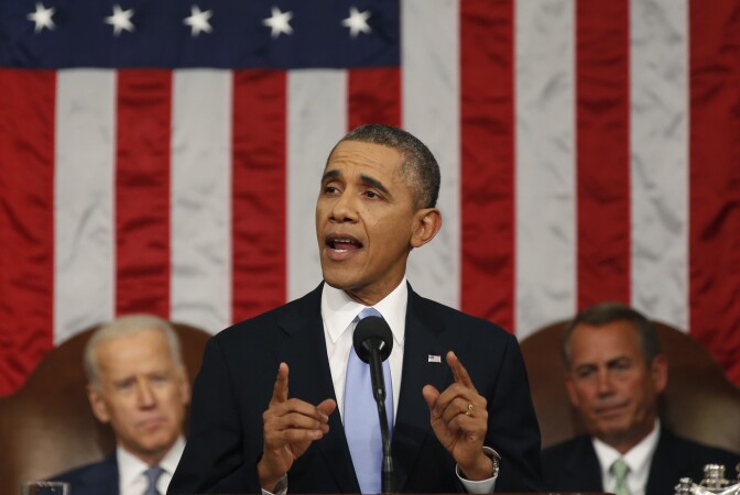 WASHINGTON, DC - JANUARY 28:  U.S. President Barack Obama delivers his State of the Union speech on Capitol Hill on January 28, 2014 in Washington, DC. In his fifth State of the Union address, Obama is expected to emphasize on healthcare, economic fairness and new initiatives designed to stimulate the U.S. economy with bipartisan cooperation. (Photo by Larry Downing-Pool/Getty Images)