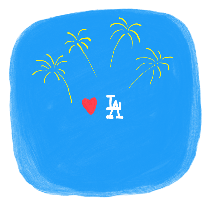 A heart, the L.A. Dodgers logo, and drawings of fireworks that also resemble palm trees.
