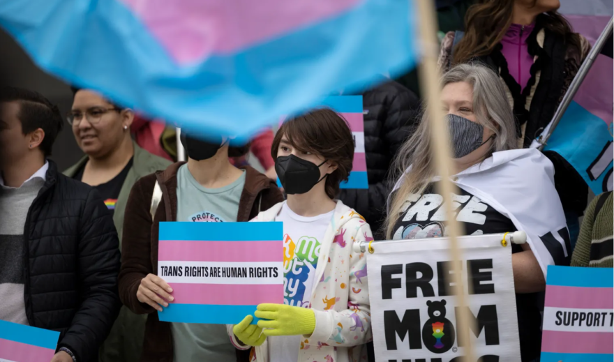 A group of 5 people stand holding blue, pink, and white signs reading "trans rights are human rights."