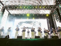 Shadow Hills High School marching band performs onstage with Big Gigantic during day 3 of the 2014 Coachella Valley Music & Arts Festival at the Empire Polo Club on April 13, 2014 in Indio, California.