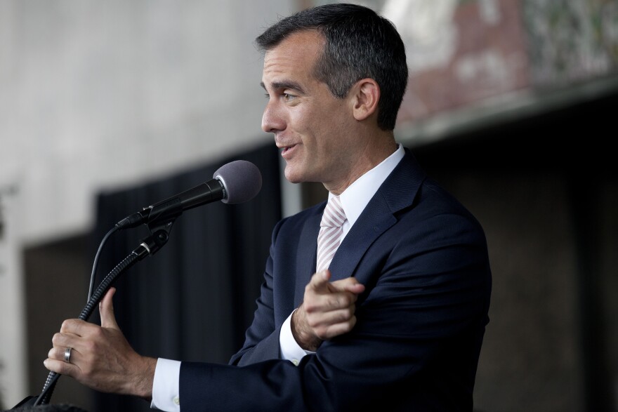 Mayor Eric Garcetti speaks during the naming ceremony for the ames K. Hahn City Hall East building downtown.