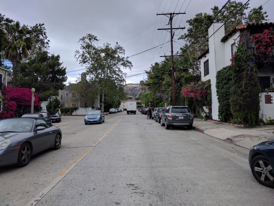 The Hollywood sign in the distance as seen from Beachwood Dr in Hollywood.