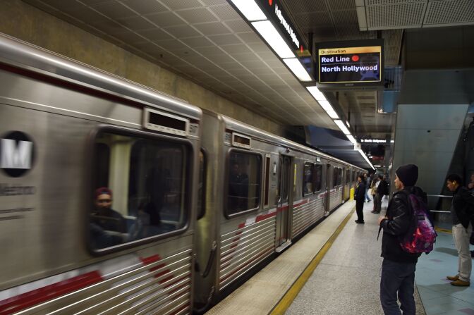 A train pulls into the station at the Universal City Metro train station on December 6, 2016 in Universal City, California.
Authorities ratcheted up security on the Los Angeles metro following a tip from overseas about an impending bomb attack Tuesday against a station in the sprawling rail network.
The threat was relayed by an anonymous man who called a public safety line run by an unidentified foreign government, which then passed on the information to a Federal Bureau of Investigation terrorism task force, said Deirdre Fike, assistant director in charge of the FBI's office in Los Angeles.
 / AFP / Robyn Beck        (Photo credit should read ROBYN BECK/AFP/Getty Images)