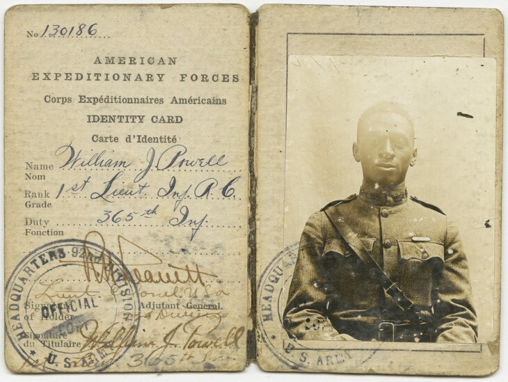 a document that looks like a passport. on the left side it reads "American Expeditionary Forces" and underneath William J. Powell has signed his name. On the right side is a photo of Powell in his military uniform.