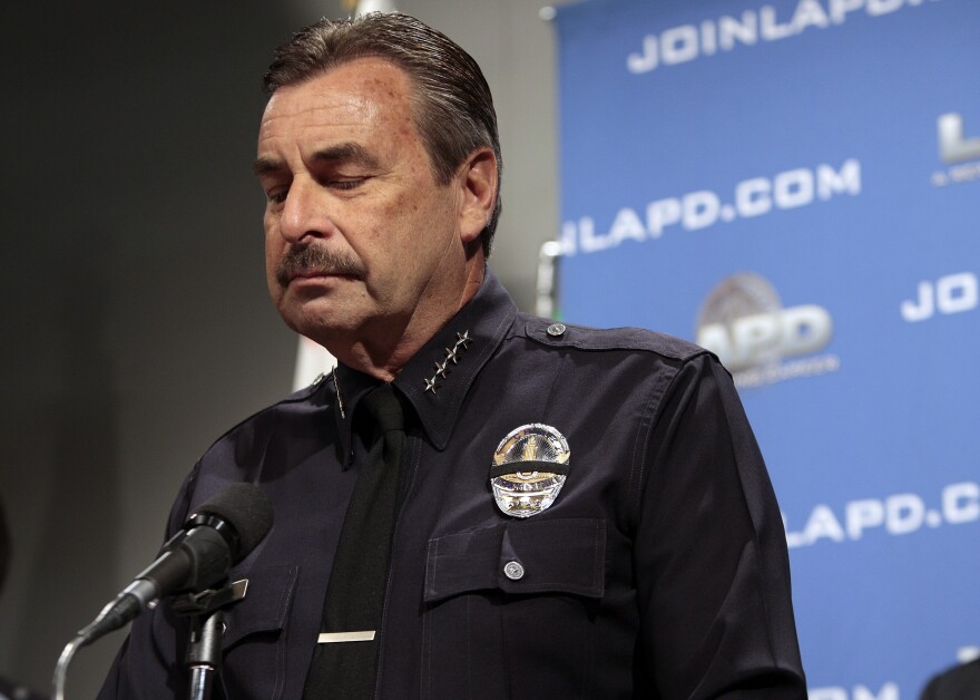File: Los Angeles Police Chief Charlie Beck declines to discuss details of a witness lineup in connection with the beating of San Francisco Giants fan Bryan Stow at Dodger Stadium during a news conference at police headquarters Thursday, May 26, 2011, in Los Angeles.