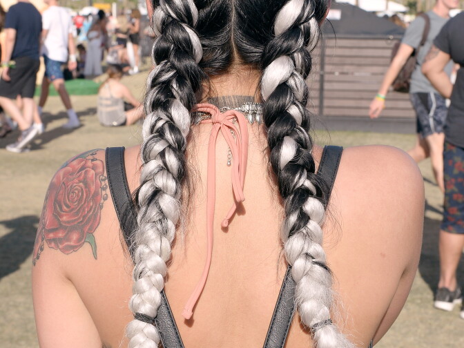 INDIO, CA - APRIL 15:  A festivalgoer (hair detail) attends day 2 of the 2017 Coachella Valley Music & Arts Festival Weekend 1 at the Empire Polo Club on April 15, 2017 in Indio, California.  (Photo by Matt Cowan/Getty Images for Coachella)