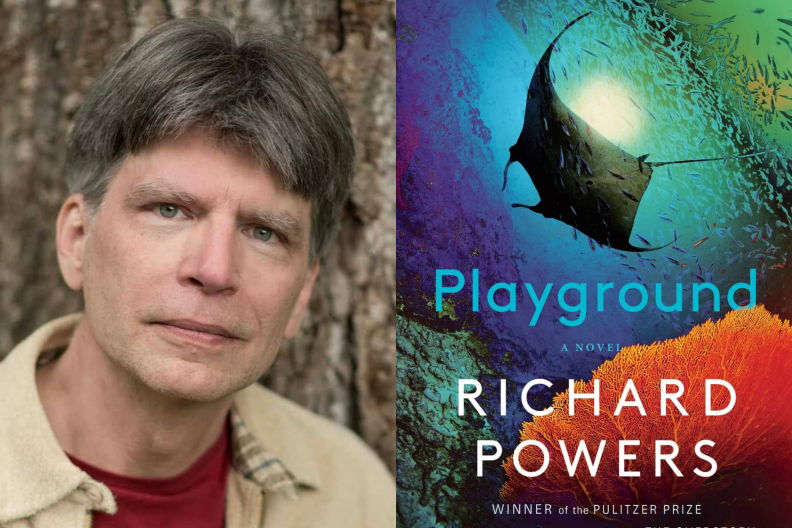 A two-image collage. On the left is a portrait of author Richard Powers, who has salt-pepper hair and is wearing a shirt and tan jacket. On the right is the cover of his book, "Playground."