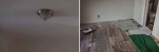 At left a ceiling light fixture, on the right is a damager floor underneath a thin plastic sheet.