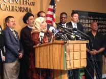 Hedab Tarifi, chair of the Islamic Center of Southern California, speaks at the mosque on Monday along with police and other Islamic leaders. The Islamic center is one of a handful of Southern California mosques that have received hateful letters from an unidentified sender claiming to support president-elect Donald Trump.
