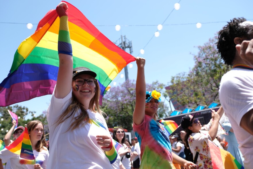 Two people are shown holding a rainbow pride flag overhead during the Pride Festival event during the day. They smile and are surrounded by a crowd also dressed in bright colors.