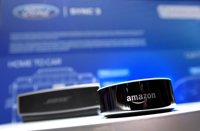 LAS VEGAS, NV - JANUARY 05:  An Amazon Echo device is displayed at the Ford booth at CES 2017 at the Las Vegas Convention Center on January 5, 2017 in Las Vegas, Nevada. Ford is incorporating the voice operating device into its vehicles. CES, the world's largest annual consumer technology trade show, runs through January 8 and features 3,800 exhibitors showing off their latest products and services to more than 165,000 attendees.  (Photo by David Becker/Getty Images)
