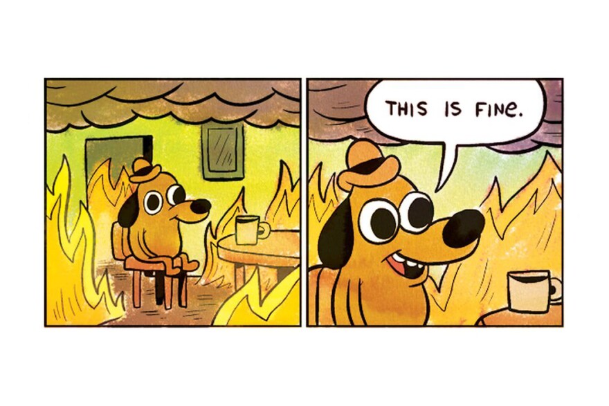 The first two cells of artist KC Green's comic "On Fire." It has since become a meme online called "This Is Fine."