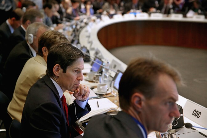 WASHINGTON, DC - OCTOBER 09:  U.S. Centers for Disease Control and Prevention Director Thomas Frieden joins finance ministers and representatives from around the world for a meeting on the Ebola crisis during the International Monetary Fund-World Bank Group annual meetings October 9, 2014 in Washington, DC. Sierra Leone President Bai Koroma and Liberia President Ellen Johnson Sirleaf joined the conference via video link.  (Photo by Chip Somodevilla/Getty Images)