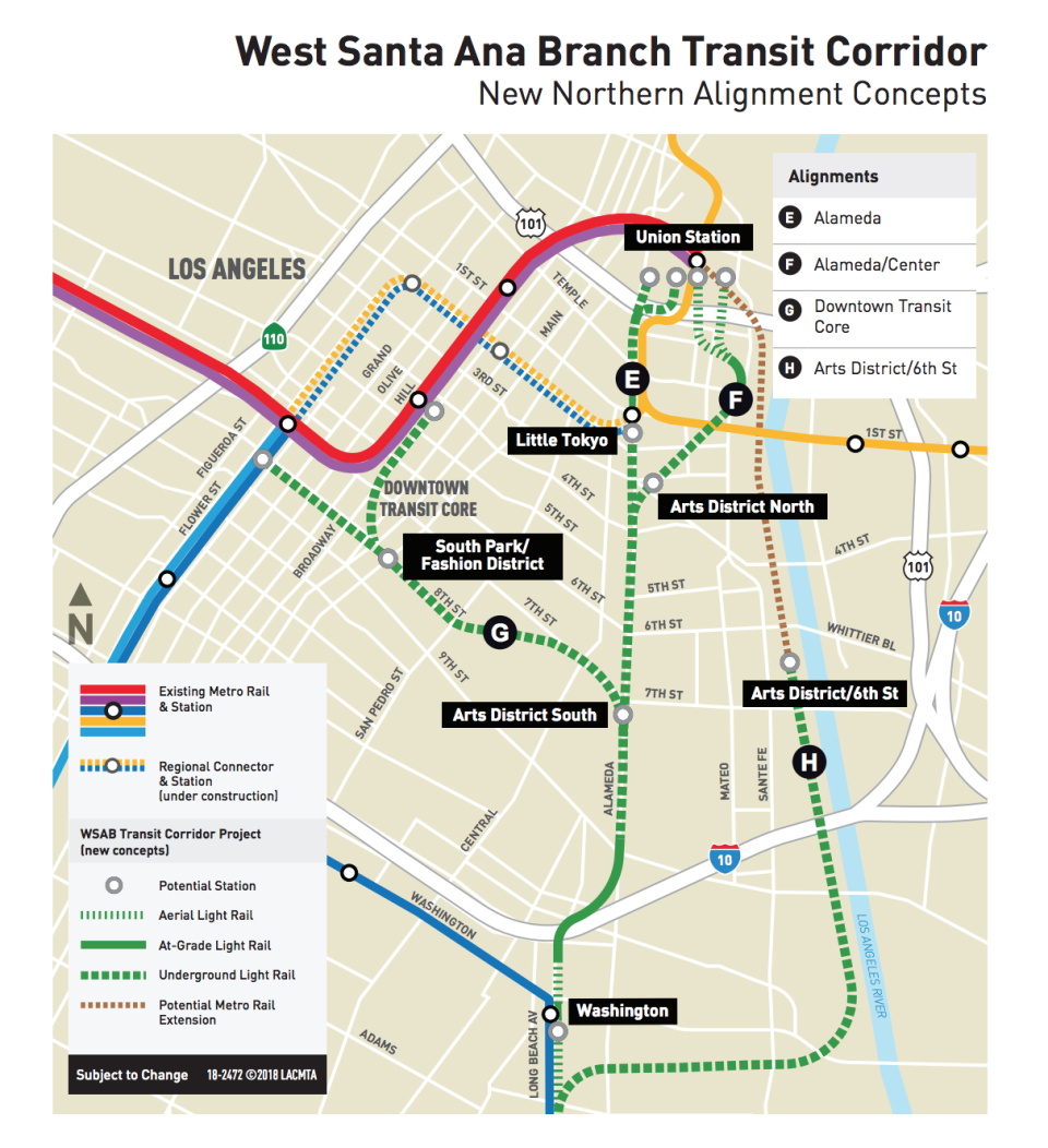 Metro proposed four additional route options for the downtown section of the West Santa Ana Branch light rail to Artesia.