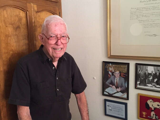 James Gregory in his study, Long Beach, Calif. Gregory served as navigator on a B-17 and was shot down over Germany on August 16th 1944.