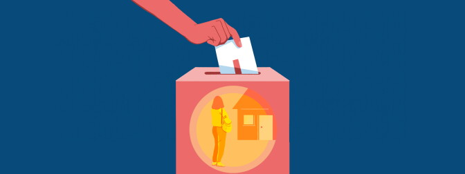 Graphic of a person's hand placing a ballot in a ballot box decorated with an illustration of a person looking at a home.