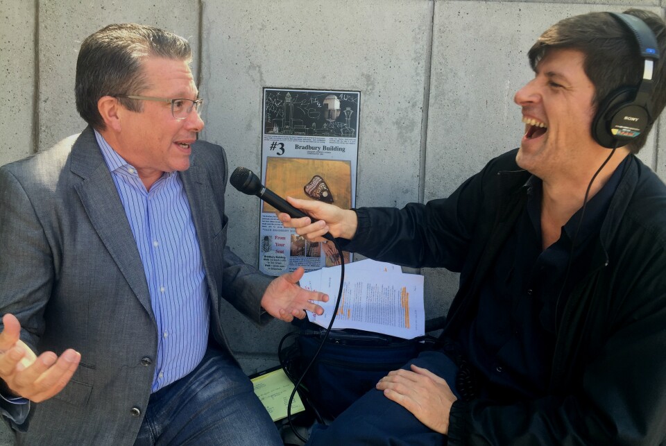 Reporter Jesse Katz and KPCC's John Rabe laugh about Jesse embedding himself as a counterman at Wexler's Deli at LA's Grand Central Market