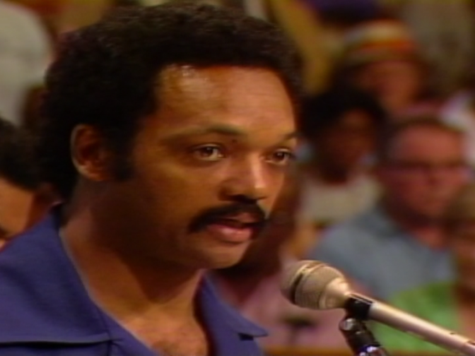 The Reverend Jesse Jackson speaks before the L.A. City Council on September 15, 1982, in favor of renaming Santa Barbara Av to Martin Luther King Jr Blvd.