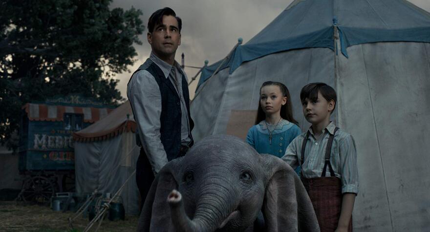 Colin Farrell, Nico Parker, and Finley Hobbins in Walt Disney Pictures' "Dumbo"