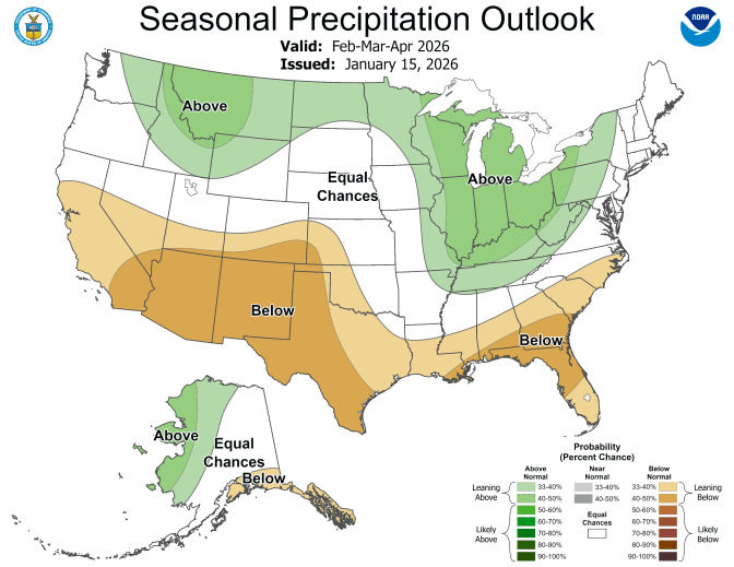 A map showing a seasons forecast of below average precipitation for the southern portion of the U.S., including California.