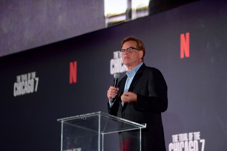 PASADENA, CALIFORNIA - OCTOBER 13: Aaron Sorkin speaks onstage during Netflix's "The Trial of the Chicago 7" Los Angeles Drive In Event at the Rose Bowl on October 13, 2020 in Pasadena, California. (Photo by Matt Winkelmeyer/Getty Images for Netflix)