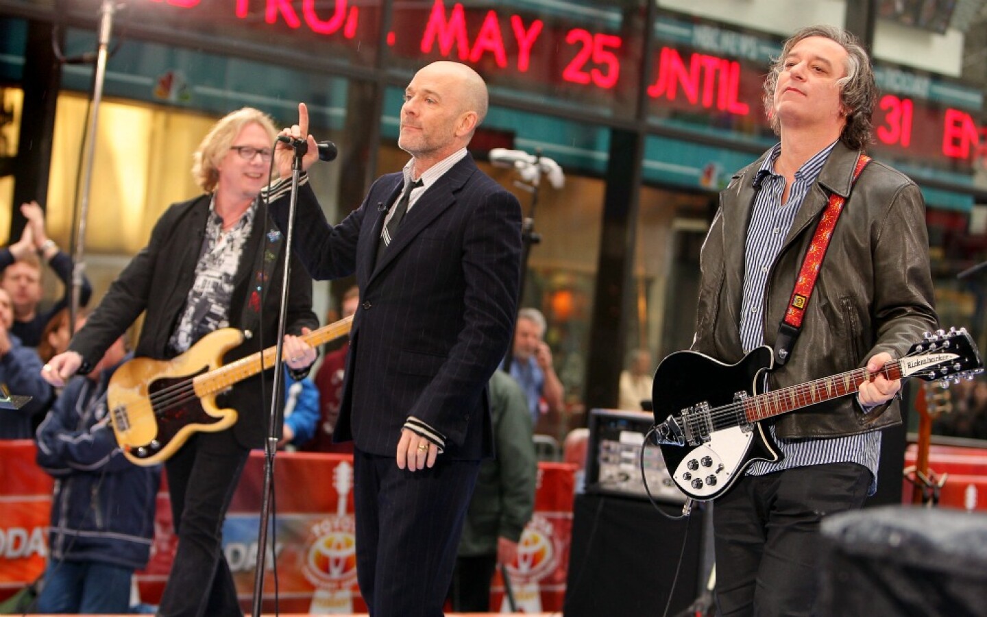 (L-R) Mike Mills, Michael Stipe and Peter Buck of R.E.M. in 2008. Stipe has released his first new music since the band broke up in 2011.