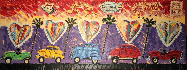A PAINTING of 5 cars, each under a heart and palm tree