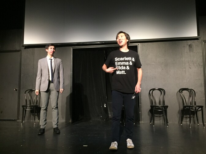 Mike Lane (l.) and Will Choi (r.) co-host Asian AF at UCB. Choi was selling shirts featuring the names of big screen actors in roles originally written for Asians.