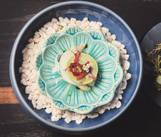 Overhead view of an oyster dish in a turquoise, scalloped ceramic dish set in a blue bowl of white stones. A pale green disc is topped with red seaweed and a small white blossom.