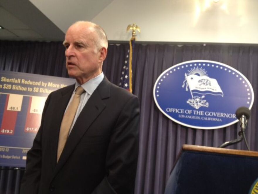California Gov. Jerry Brown reveals his May budget revise, Monday, May 14, 2012.