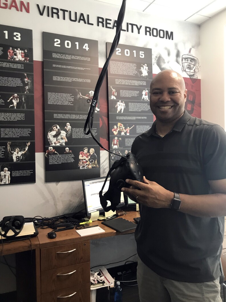 Stanford football coach David Shaw says virtual reality training has helped his team. "Their brain is seeing these visuals, these different formations and motions and plays and defenses," he says of players using VR. "The more they see them,<strong> </strong>the quicker they react."