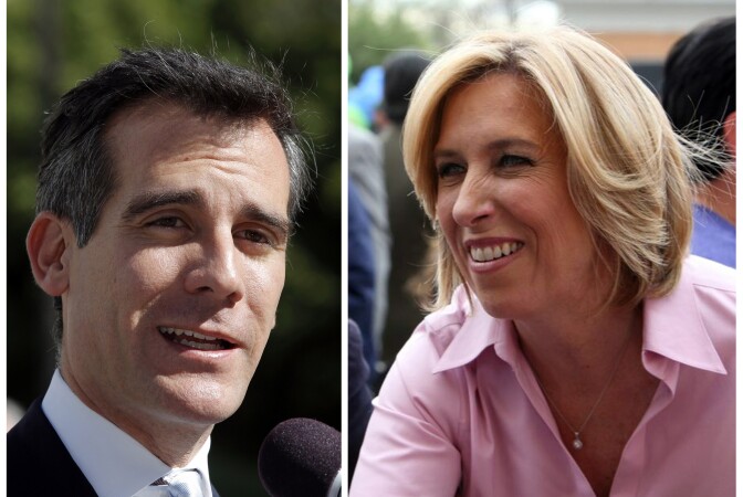This combo shows a Feb. 20, 2013 file photo of Los Angeles mayoral candidate Eric Garcetti speaking to media in Los Angeles, left, and undated image provided by the Wendy Greuel Campaign of mayoral candidate Greuel meeting with voters.