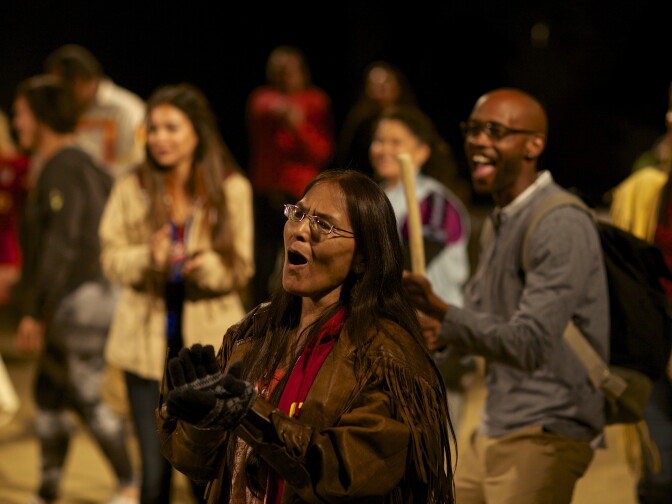 Maxine Napoleon (center) and Urban Rez cast performing at The Viaduct in Downtown Los Angeles.  