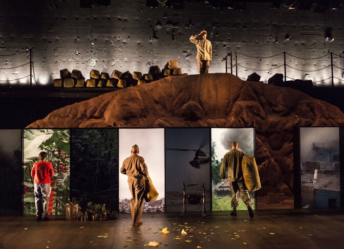L-R: (below) Caro Zeller, Rubén Garfias, Jason Manuel Olazábal and (above) Peter Mendoza in “Elliot, A Soldier’s Fugue” at Center Theatre Group’s Kirk Douglas Theatre. Directed by Shishir Kurup and written by Quiara Alegría Hudes, “Elliot, A Soldier’s Fugue” will play through February 25, 2018. For tickets and information, please visit CenterTheatreGroup.org or call (213) 628-2772. Media Contact: CTGMedia@CTGLA.org / (213) 972-7376. Photo by Craig Schwartz.