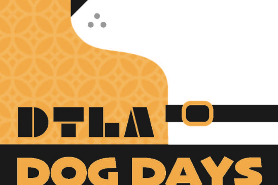 Promo image for DTLA Dog Days. The image features a cartoon dog facing left.
