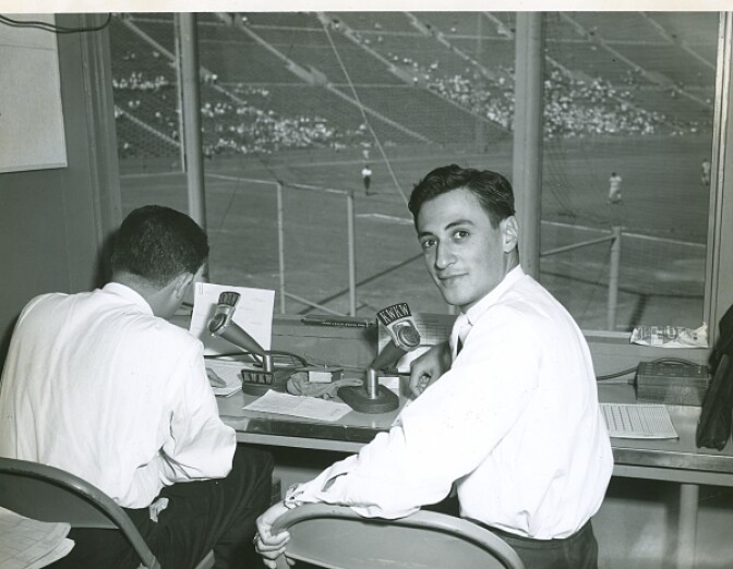 Jaime Jarrin in the broadcast booth at the L.A. Coliseum during the Dodgers' inaugural season in Los Angeles, 1959.
