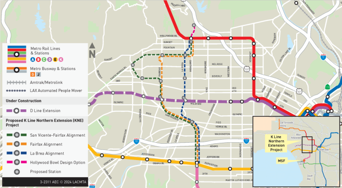Map detailing the LA subway system and three proposed routes north of Expo/Crenshaw to Hollywood. 