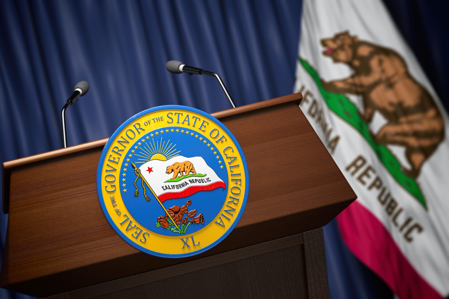 Photo illustration shows the seal of the governor of the State of California on a lectern and a state flag in a stand nearby.