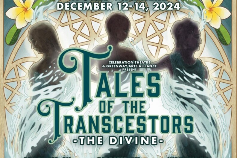 A poster promoting the show Tales of the Transcestors: The Divine." It featured an illustration of three figured with a circle of pentagrams behind them and white and yellow flowers.