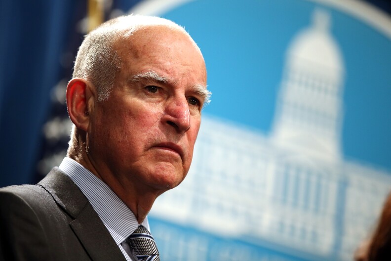 SACRAMENTO, CA - MARCH 19: California Gov. Jerry Brown speaks during a news conference to announce emergency drought legislation on March 19, 2015 in Sacramento, California. As California enters its fourth year of severe drought, California Gov. Jerry Brown joined Senate President pro Tempore Kevin de Leon, Assembly Speaker Toni Atkins, Republican Leaders Senator Bob Huff and Assemblymember Kristin Olsen to announce emergency legislation that aims to assist local communities that are struggling with devastating drought. The $1 billion package is designed to expedite bond funding to help ensure that all Californians have access to local water supplies. (Photo by Justin Sullivan/Getty Images)