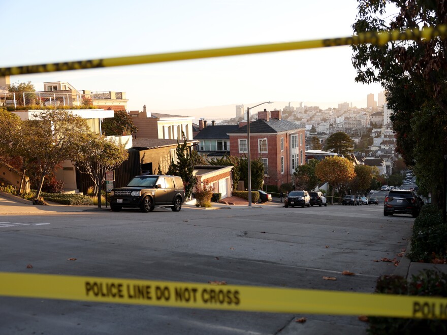 Police tape is seen in front of the home of Speaker of the House Nancy Pelosi on October 28 in San Francisco, California. Pelosi's husband, Paul, was violently attacked in their home by an intruder.
