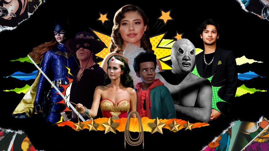 A composite image shows photos of movie superheroes including Batgirl, Zorro, and Wonder Woman.