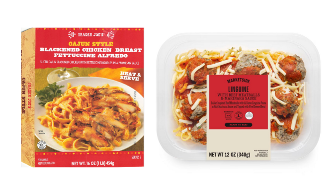Photo of a red box of Cajun style blackened chicken breast fettucine alfredo from Trader Joe's and a frozen, plastic wrapped meal of linguine with beef meatballs and marinara sauce from Marketside.